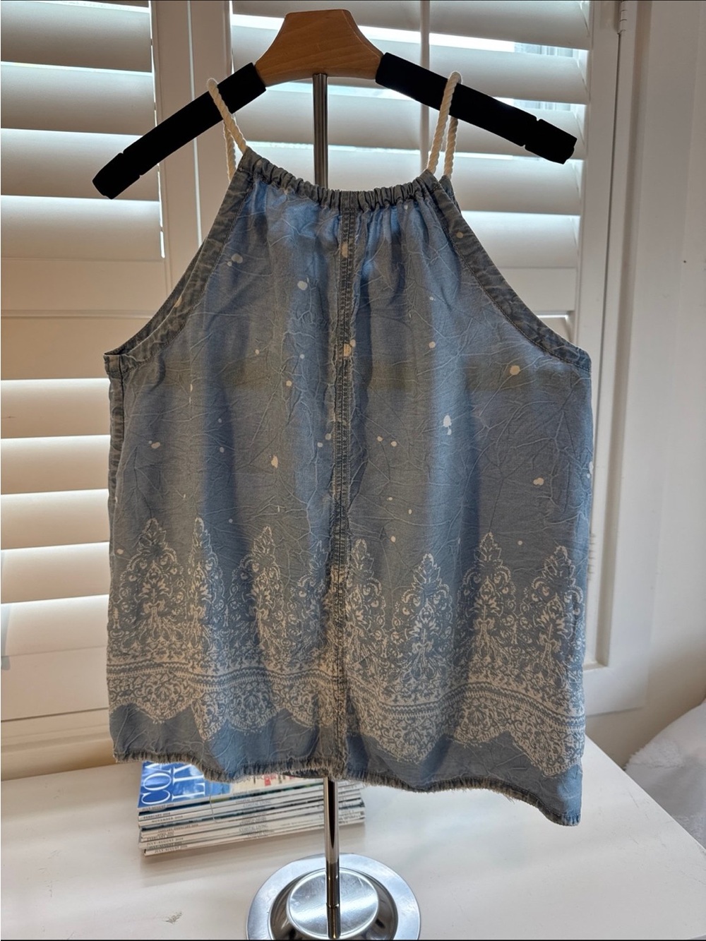Anthropologie Light Blue Halter Camisole with White Embroidery